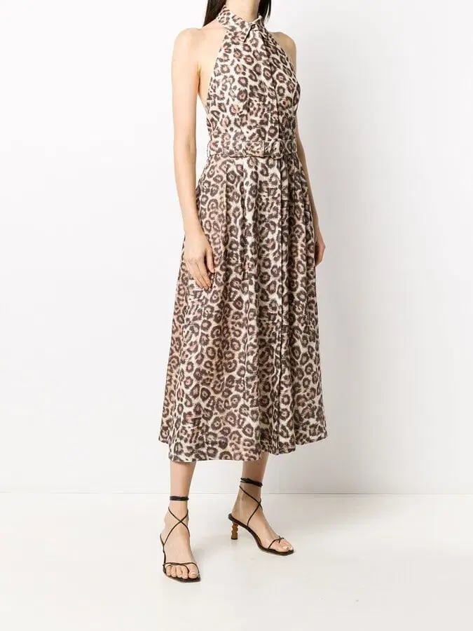 Zimmermann Bonita Belted Linen Halterneck Midi Dress Leopard Print Size 2 / Au 12 photo 2