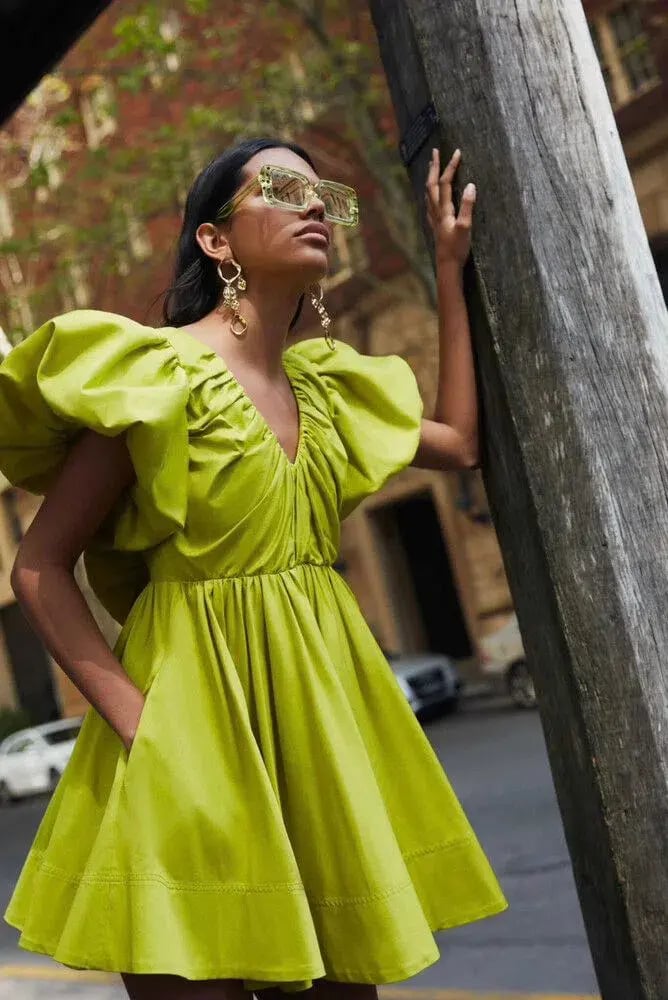 Aje Gretta Bow Back Mini Dress Chartreuse Green Size M / AU 10 photo 2