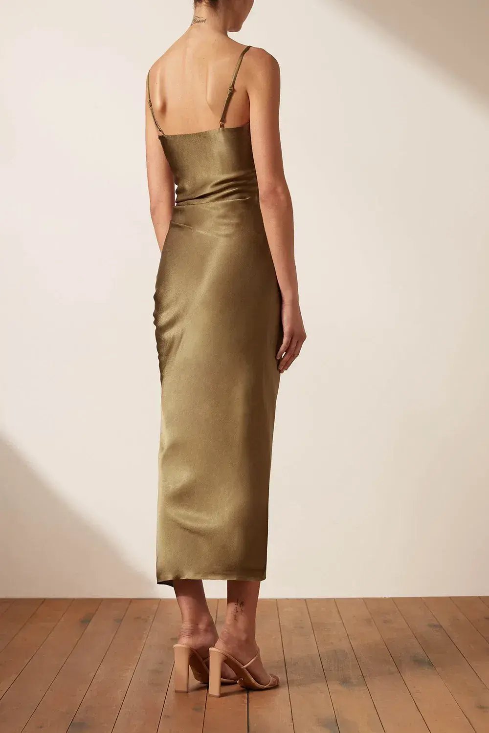 Shona Joy Thalia Bias Ruched Midi Dress Cumin Green Size 10 photo 3