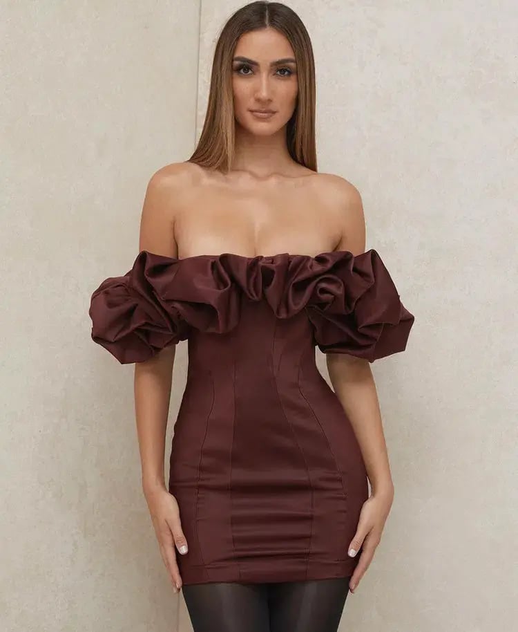 House of CB Selena Satin Ruffle Strapless Mini Dress Brown Size M / Au 10 photo 4
