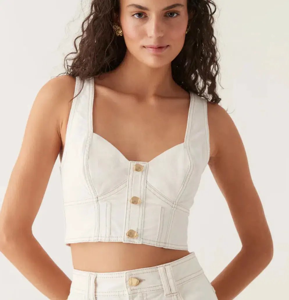 Aje Elena Denim Cropped Bustier Size 8 and Belmond Denim Midi Skirt Size 6 Set in Ivory photo 2
