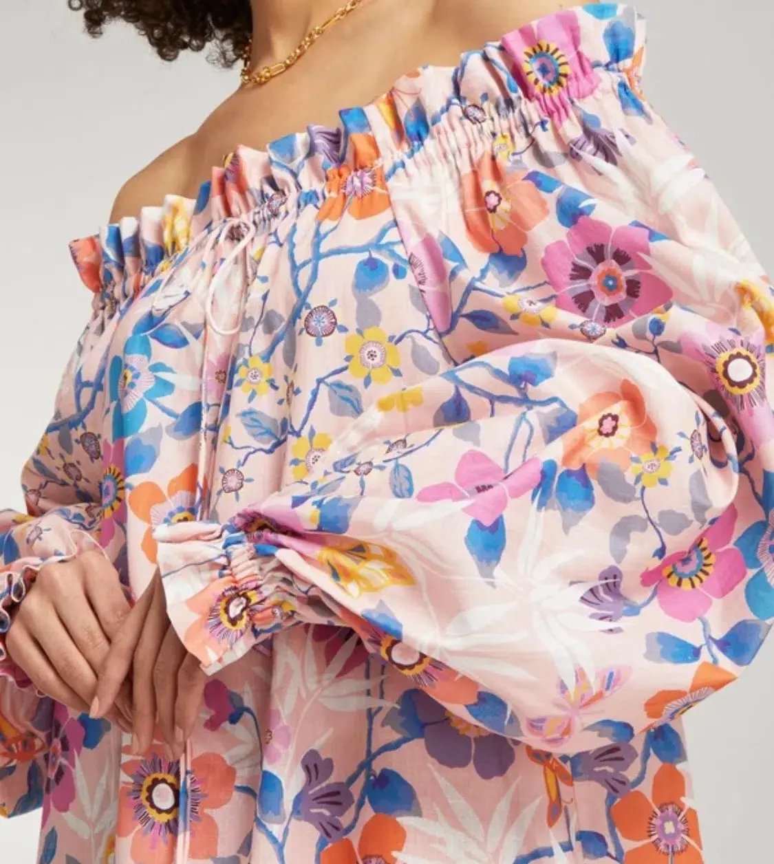 The Vampire’s Wife Mini Mob Off Shoulder Floral Print Slub Linen And Cotton Blend Dress in Baby Pink Size AU 10 photo 4