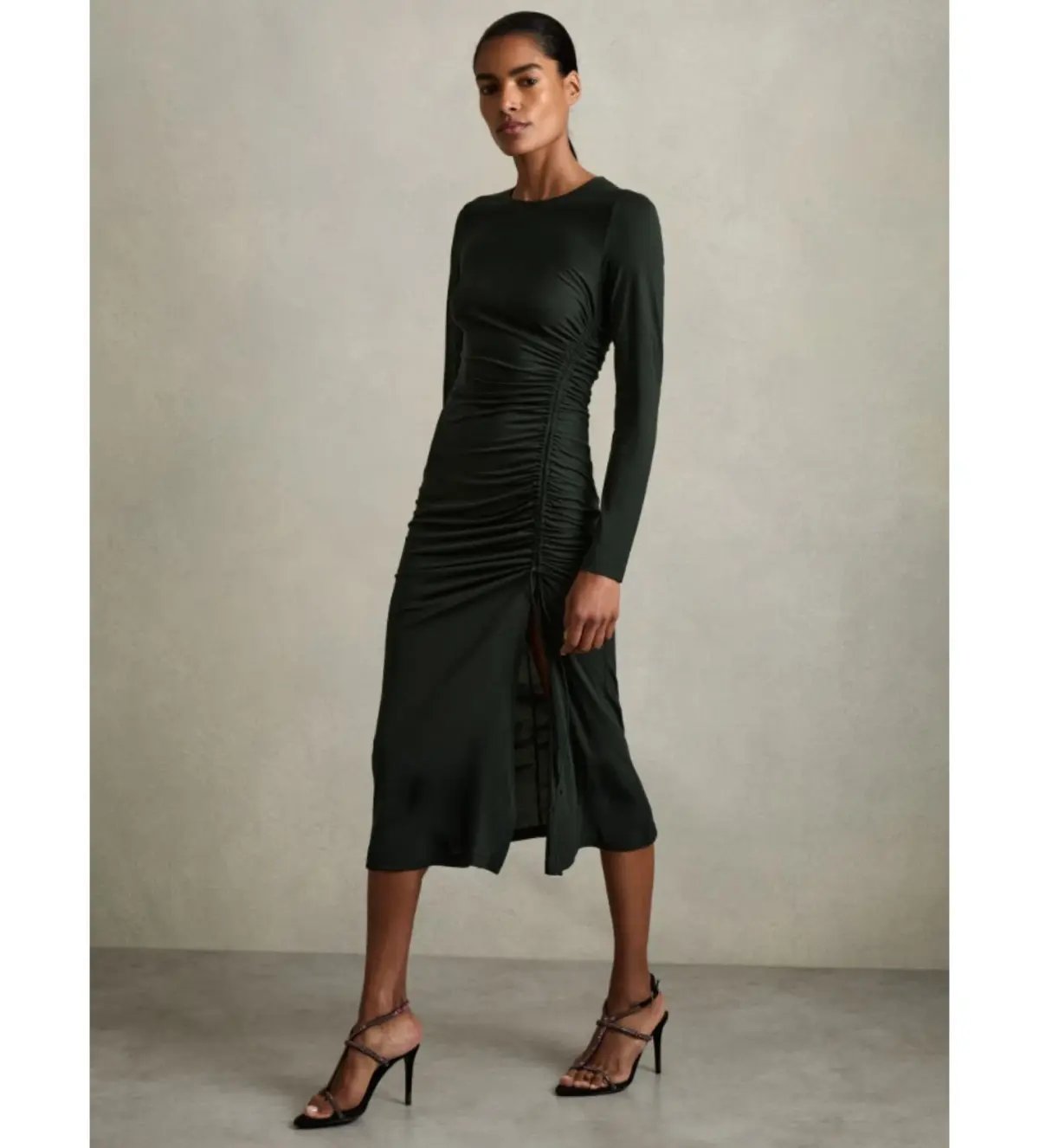 Reiss Rosie Jersey Ruched Midi Dress Dark Green Size 14/XL photo 2