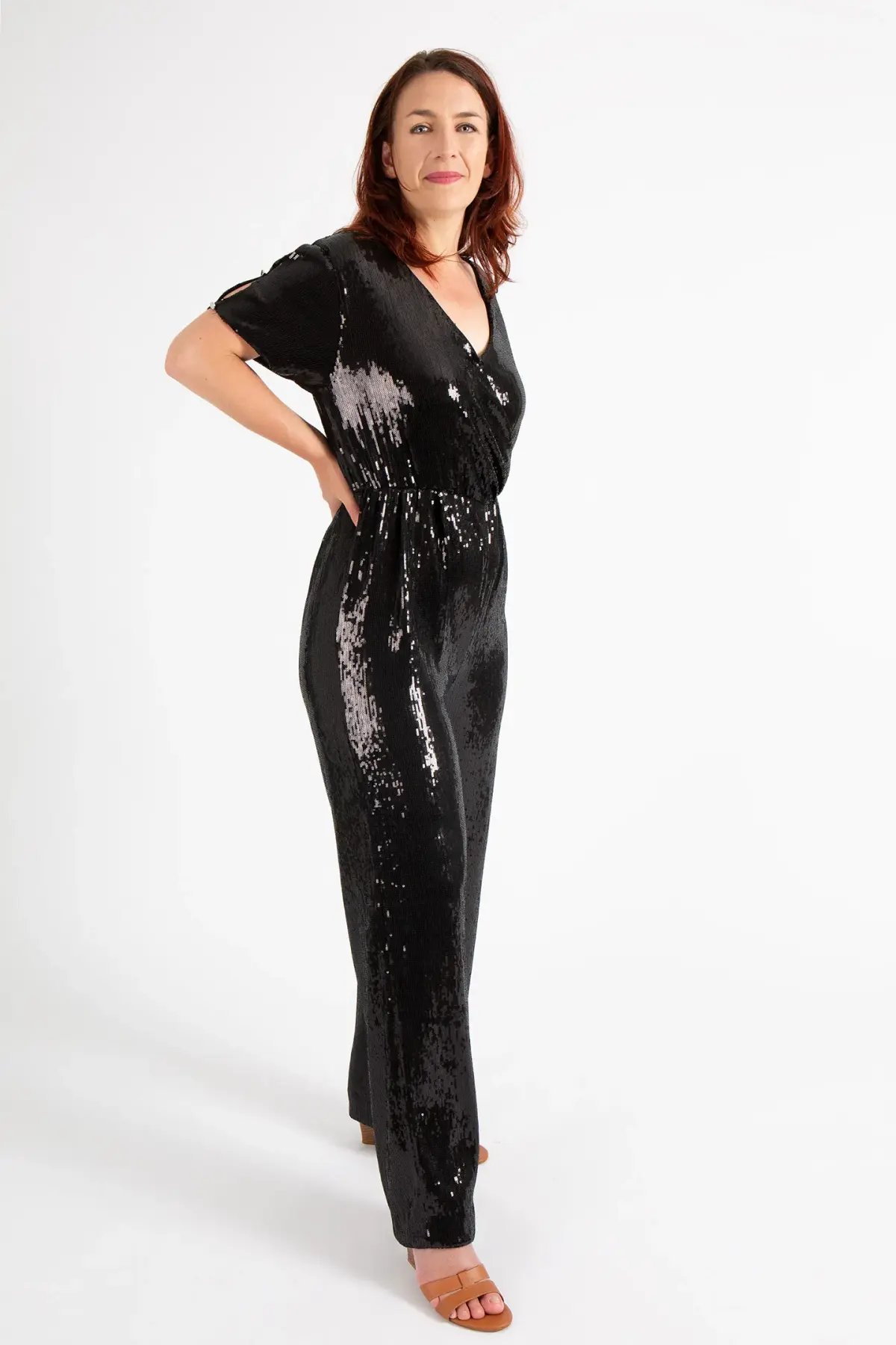 Hugo Boss Stretch Jersey Sequin Jumpsuit with Fixed Wrap Front Black Size AU 10 photo 4