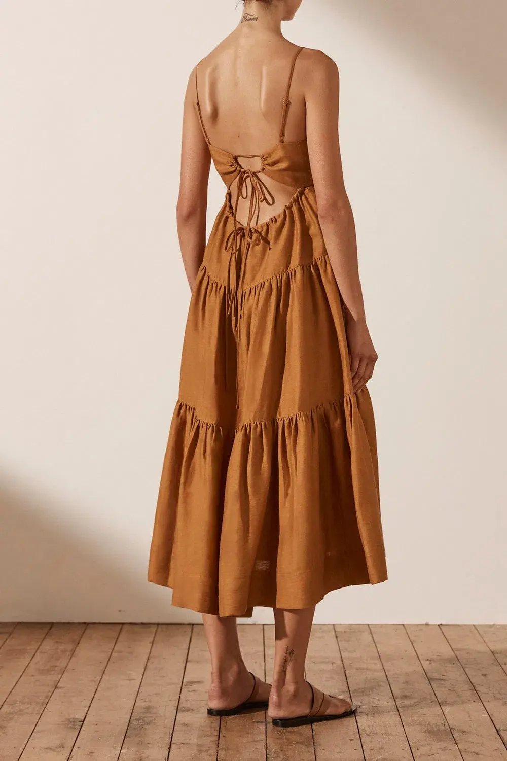 Shona Joy Maya Linen Pin Tuck Open Back Tiered Midi Dress Turmeric Size 14 photo 2