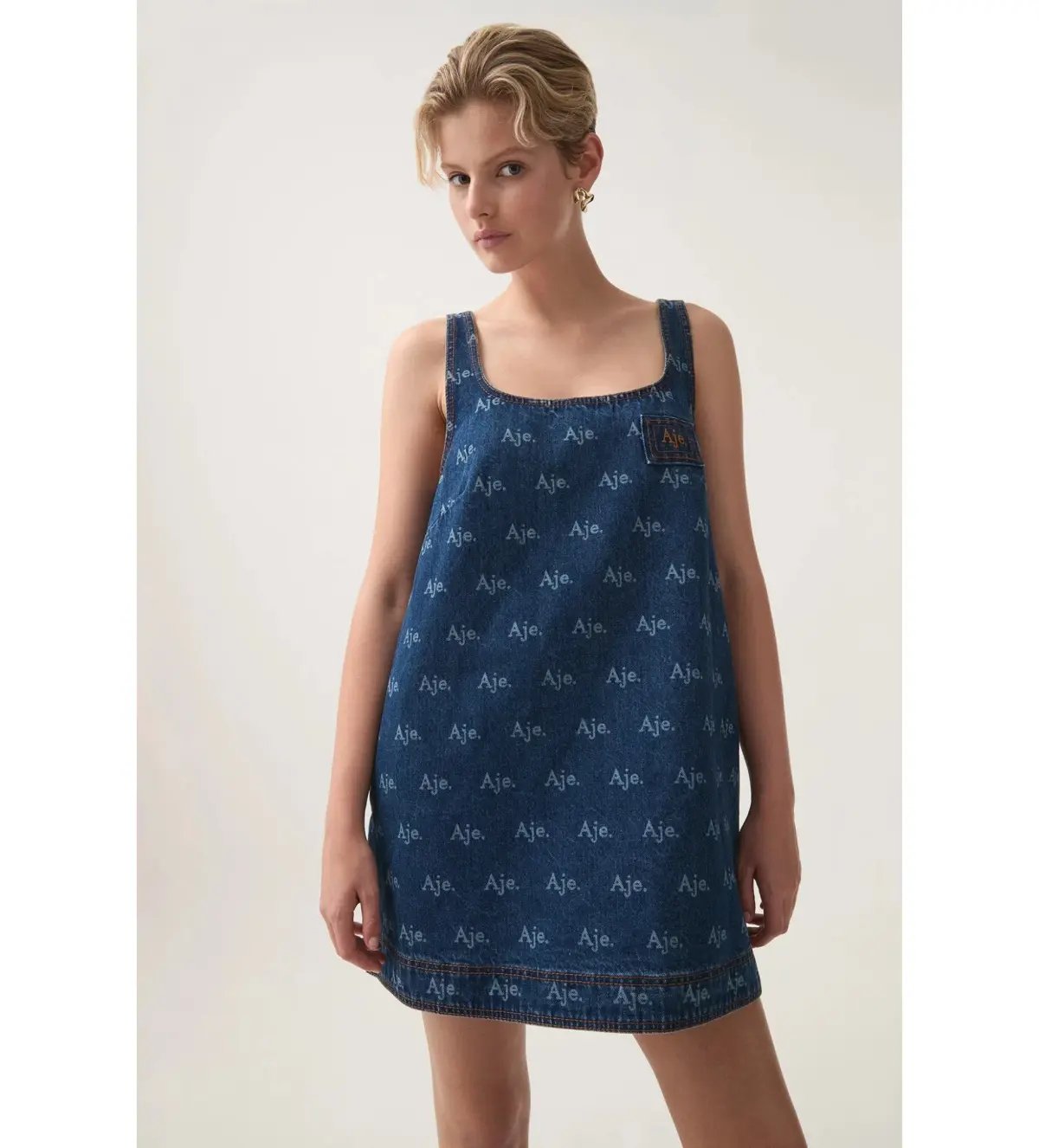 Aje Ratio Logo Denim Mini Dress Blue Print Size AU 6 photo 4