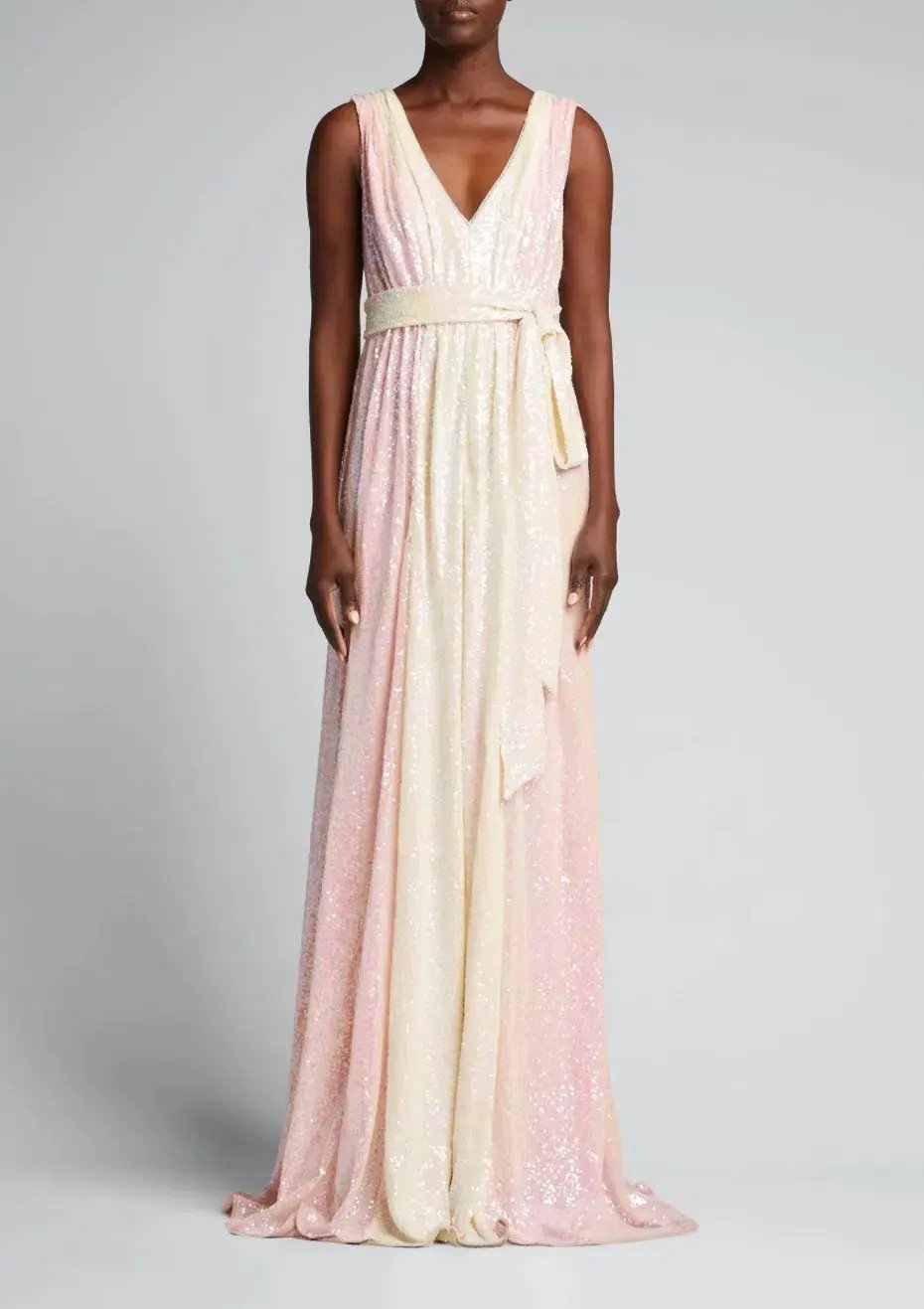 Badgley Mischka Two Tone V-Neck Sequin Long Gown Pink and Lemon Size AU 8 photo 5