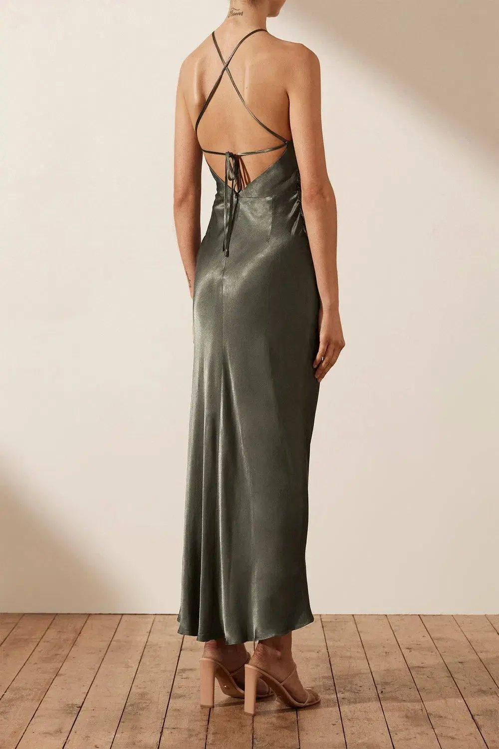 Shona Joy La Lune Gathered Square Neck Bias Midi Dress Olive Size 10 photo 2