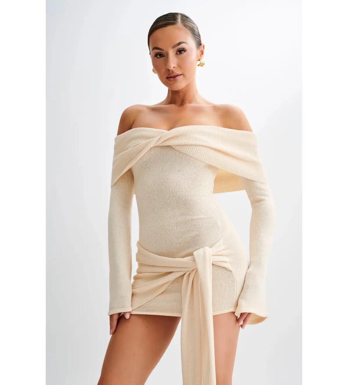 MESHKI Camryn Off Shoulder Tie Knit Mini Dress in Cream Marle Size S/AU 8 photo 4