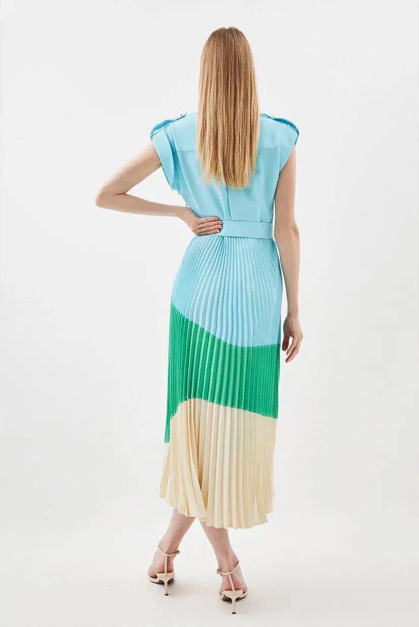 Karen Millen Colour Block Pleated Woven Midi Shirt Dress Multi Size 8 photo 3