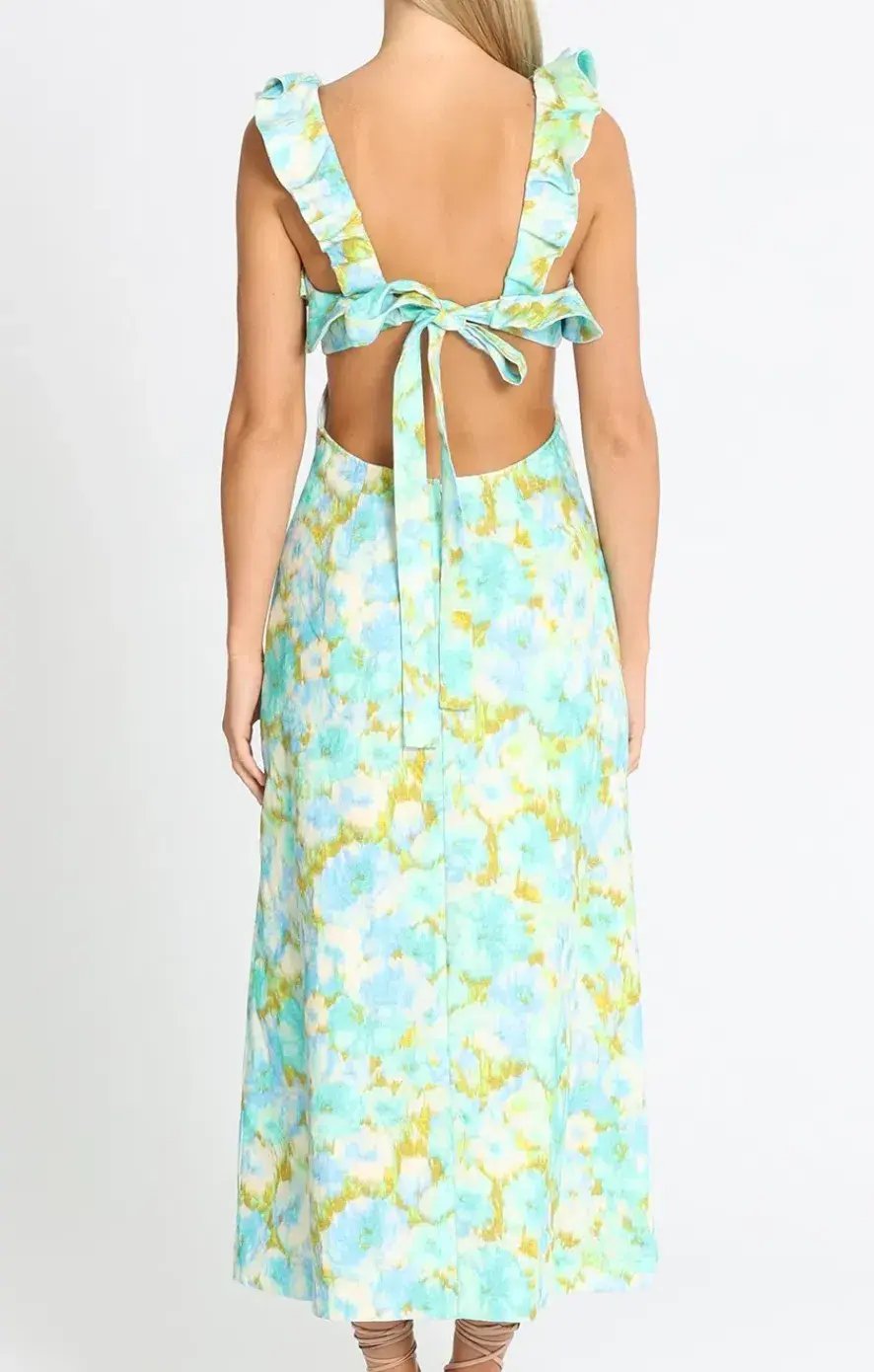 Zimmermann High Tide Frilled Midi Dress Aqua Ikat Floral Size 4 / AU 16 photo 2