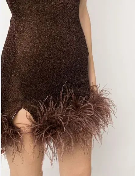 Oséree Feather Trim Glitter Mini Dress Brown Size 10 photo 3
