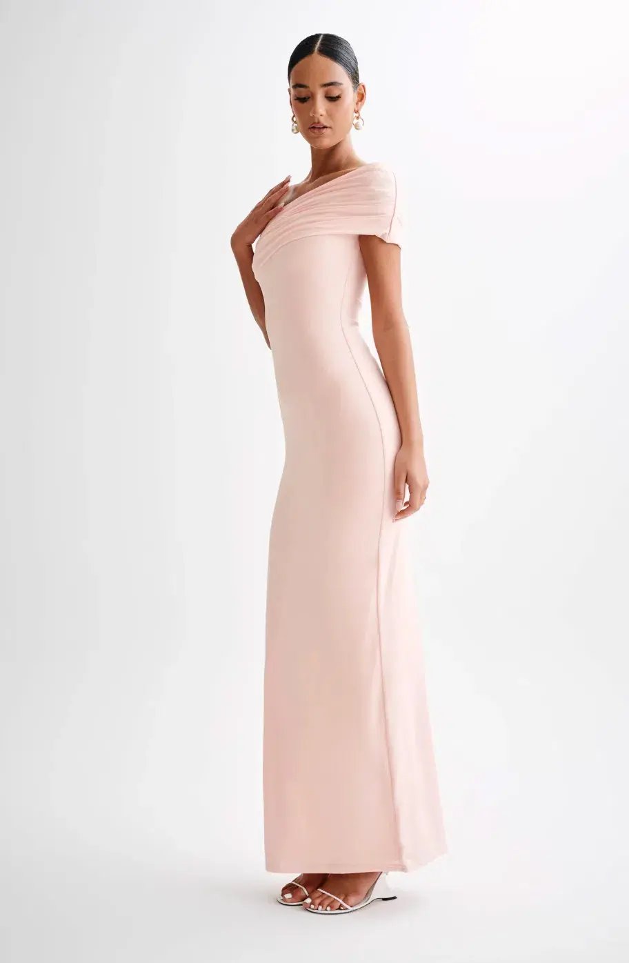 Meshki Cassandra Off Shoulder Slinky Maxi Dress Pale Pink Size XS photo 3