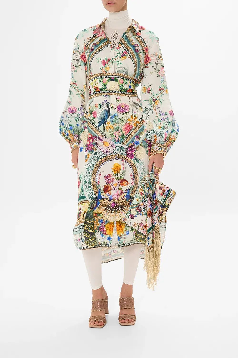 Camilla High Low Midi Linen Shirt Dress Plumes and Parterres Size AU 14 photo 4