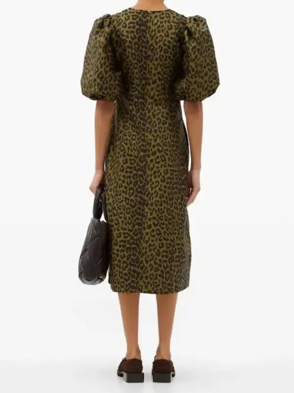 Ganni Puff Sleeve Leopard Jacquard Midi Dress Print Size 44 photo 2