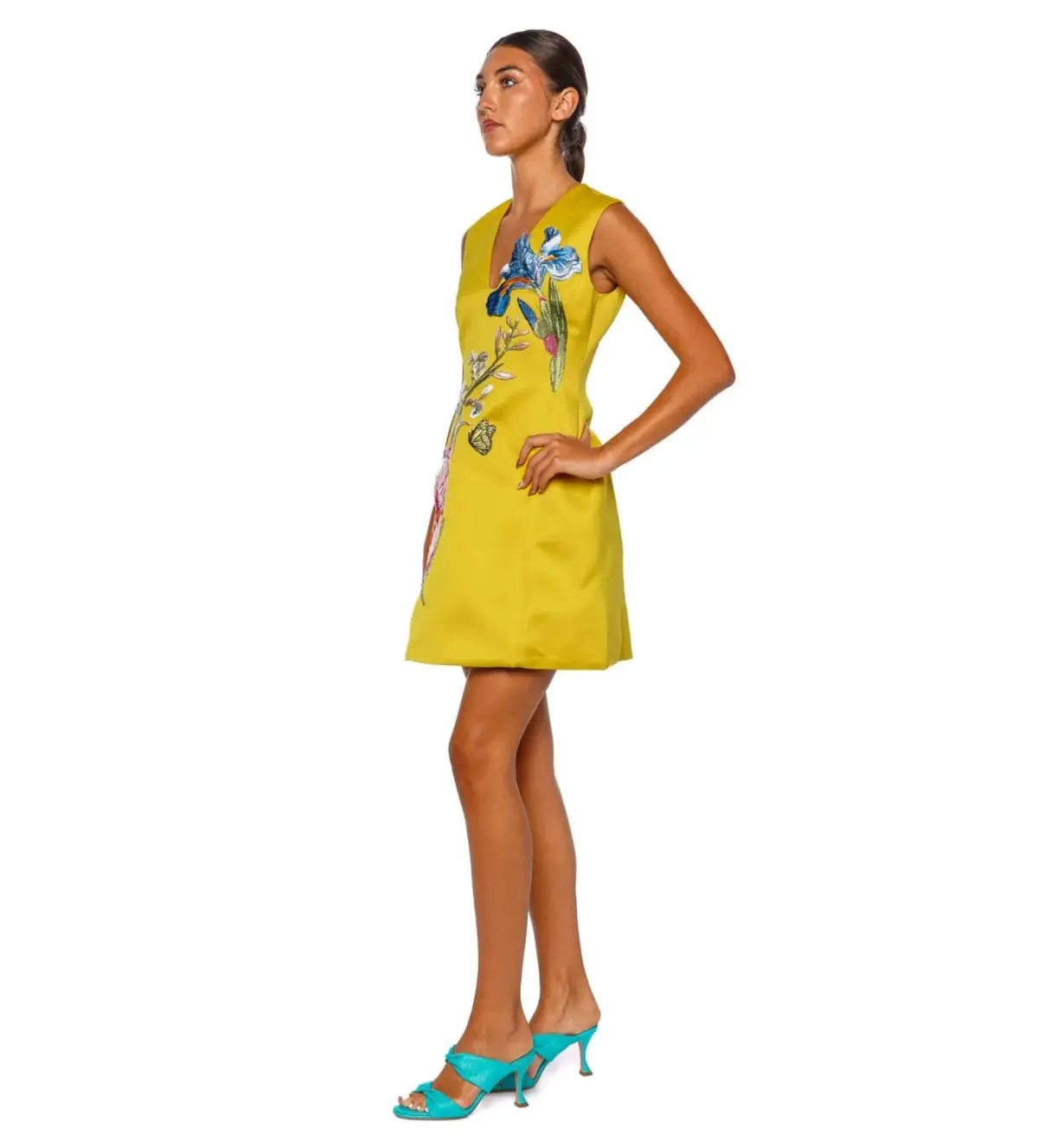 Leo Lin Bree V Neck Embroidery Mini Dress in Mustard Size 10 photo 2