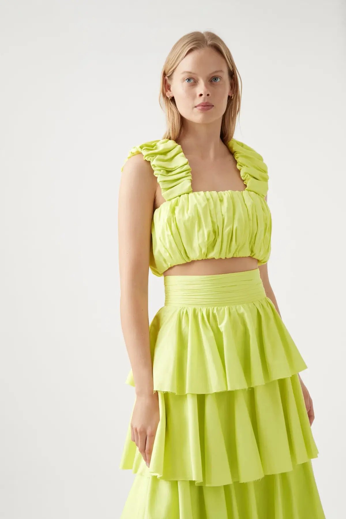 Aje Medina Ruched Cropped Top & Tiered Midi Skirt Set Yellow Size L / Au 12 photo 2
