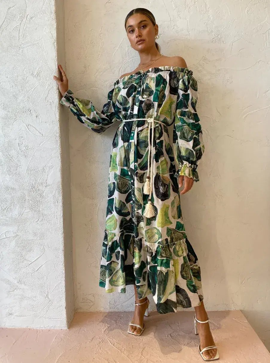 Alemais Siena Off Shoulder Shirt Midi Dress In Green Floral Long Sleeve Green Size AU 14 photo 2