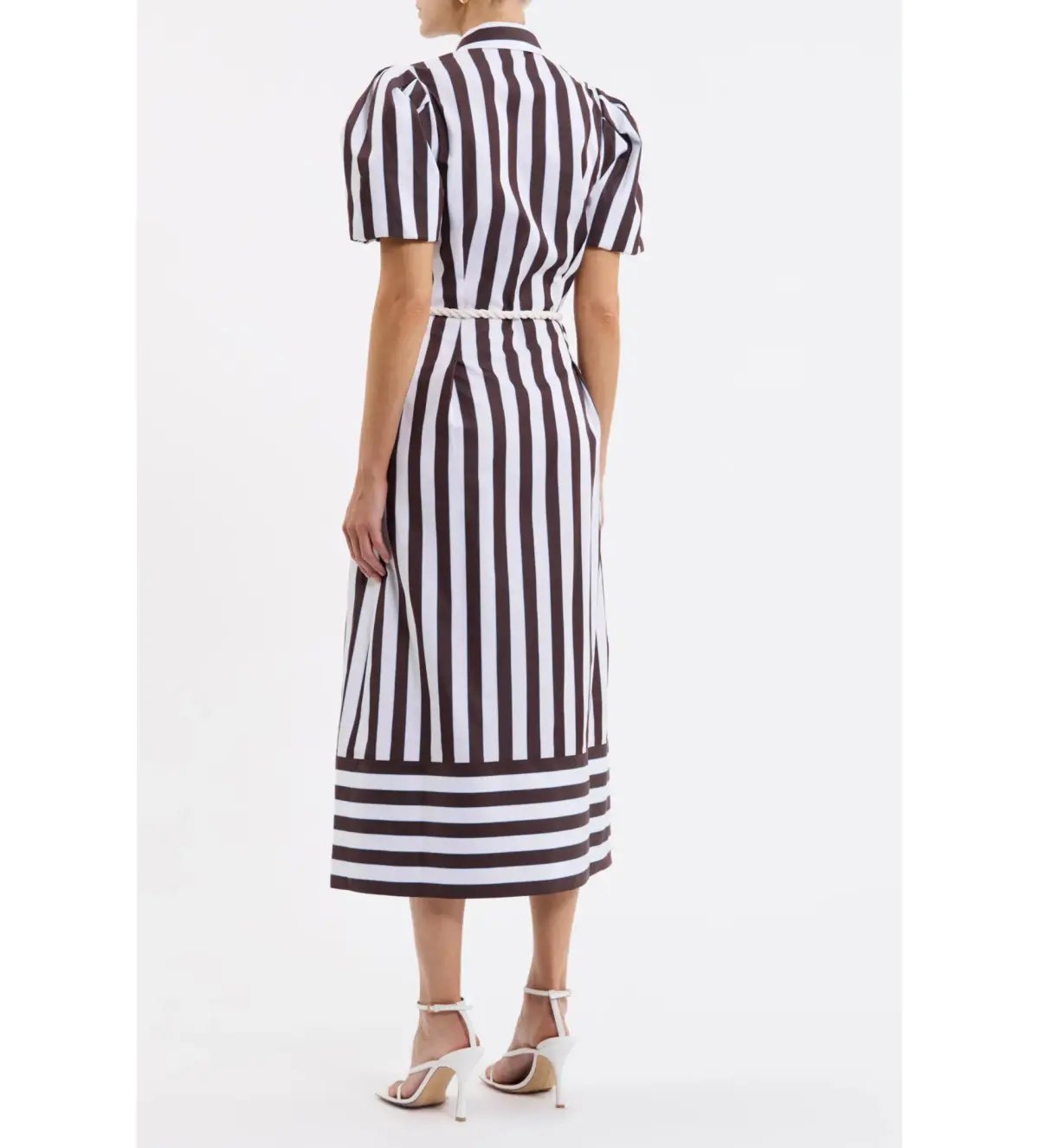 Rebecca Vallance Pippa Puff Sleeve Midi Dress Chocolate Ivory and Light Blue Stripe Print Size 18 photo 2