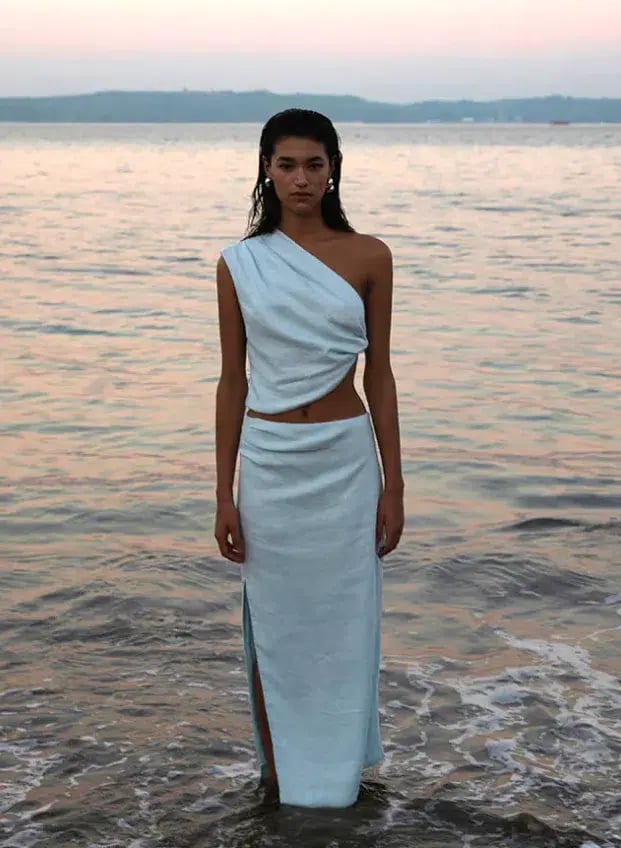 Sir The Label Iris Knot Top and Asymmetric Midi Skirt Set Light Blue Size 1 / AU 8 photo 3
