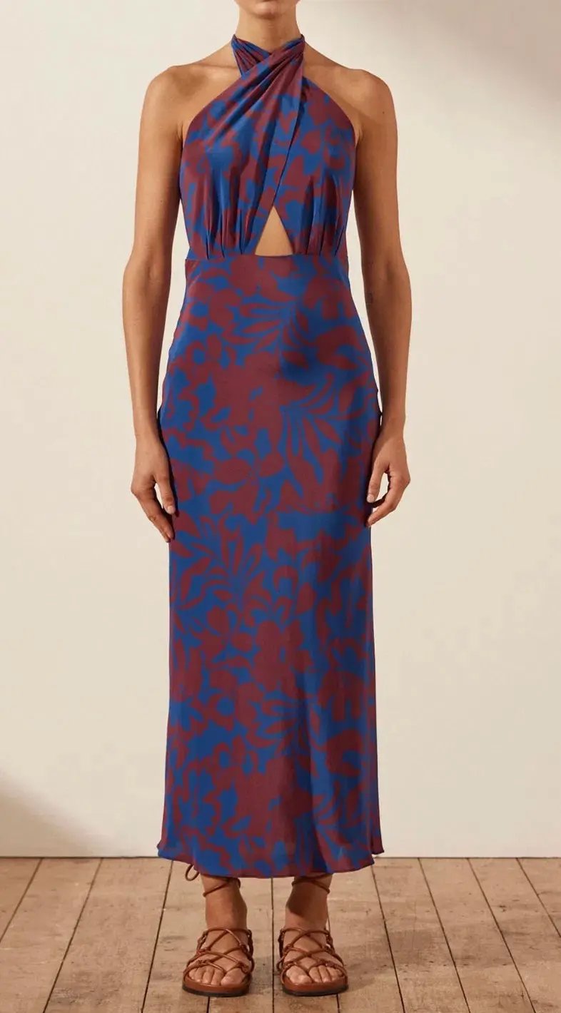 Shona Joy Vida Silk Cross Front Halter Bias Midi Dress Strong Blue Deep Wine Size AU 6 photo 2