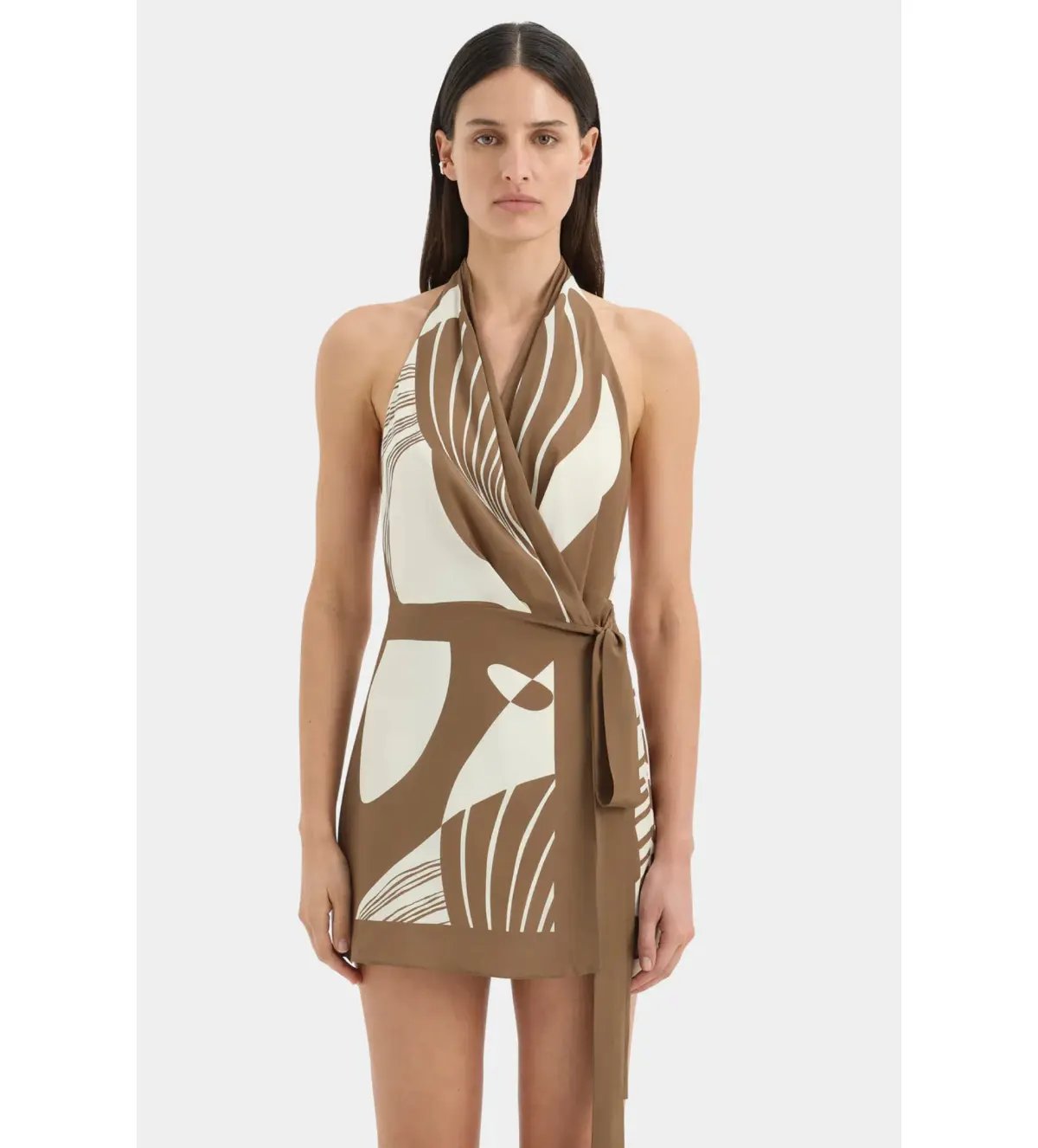 Sir The Label Almara Wrap Halter Mini Dress Espresso Stripe Size 2 / AU 10 photo 2