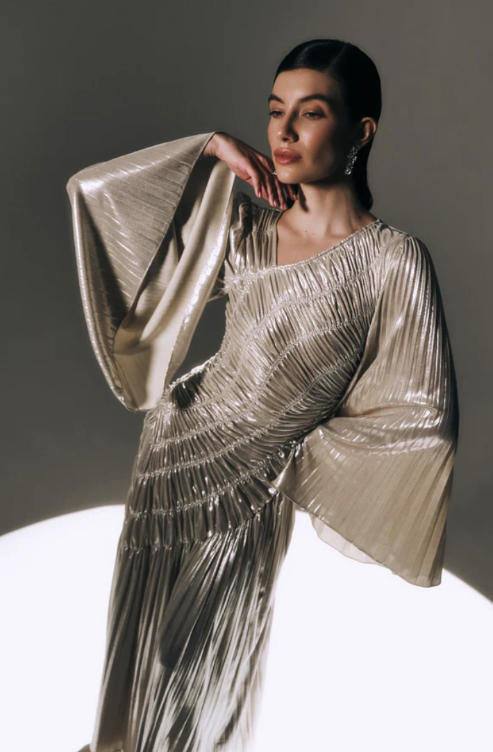 METALLISED FABRIC MAXI DRESS BY LICHI GOLD CREAM photo 9