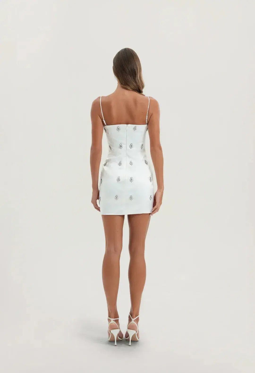 Sydney Lane Celeste Crystal White Mini Dress With Satin Neck Tie Size 8 Small photo 9
