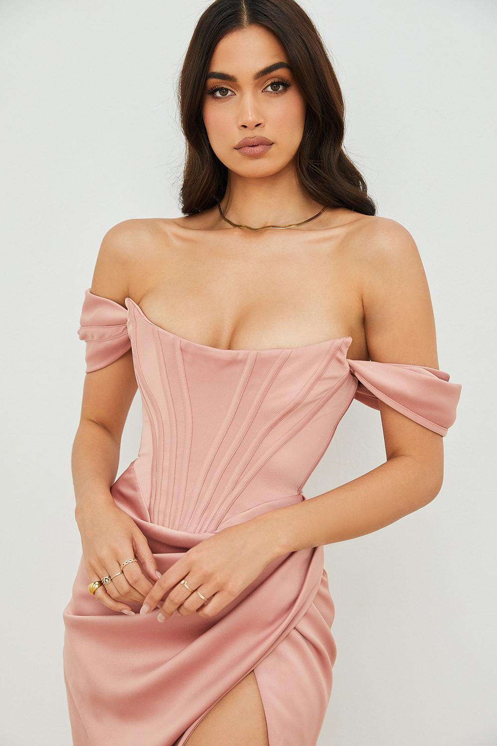 House Of CB Loretta Blush Satin Off Shoulder Midi Dress Pink Size 8 photo 5