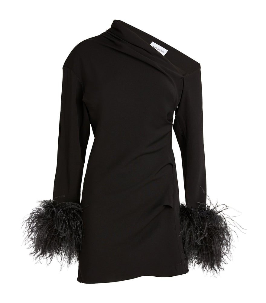 16Arlington Adelaide Asymmetric Feather Trimmed Crepe Mini Dress -black photo 2