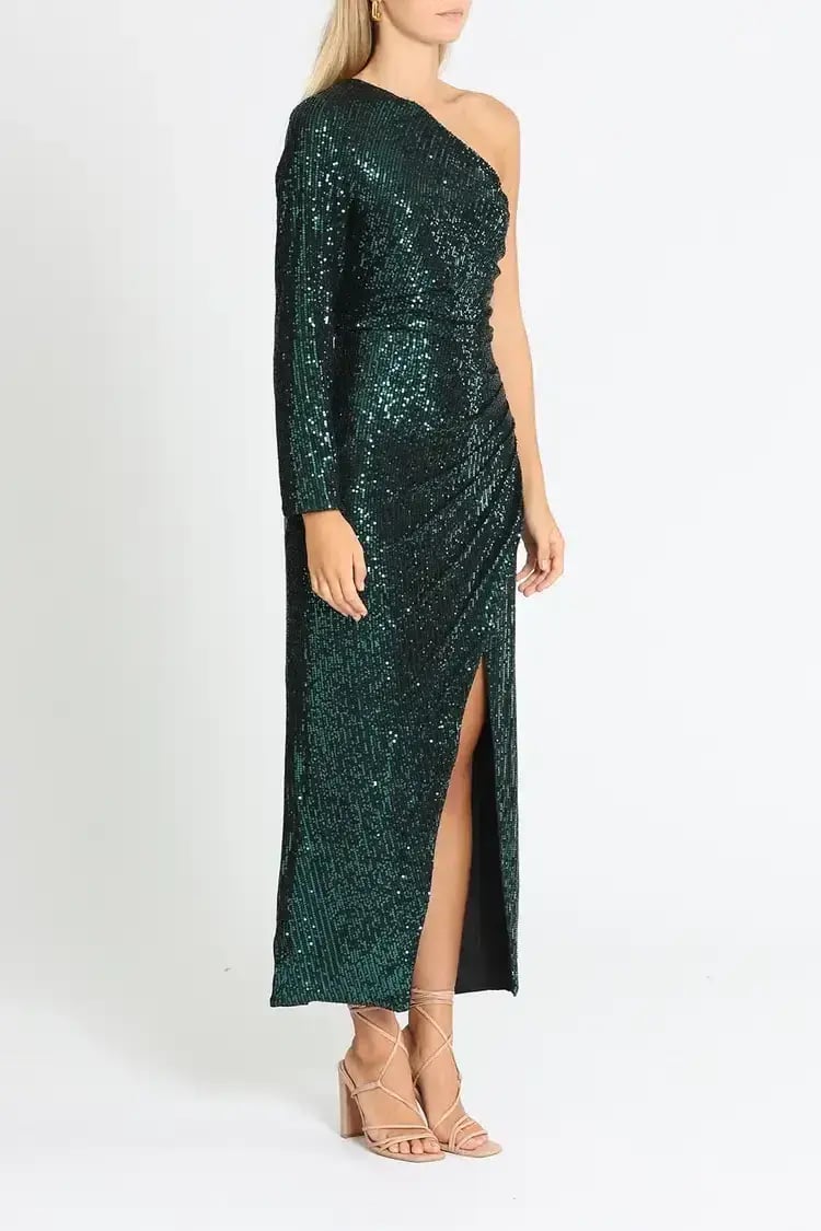 Elle Zeitoune One Shoulder Ruched Dress in Green Size 14 photo 2