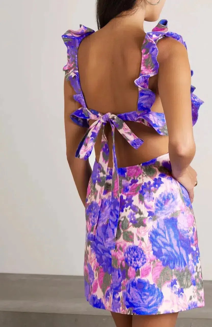 Zimmermann High Tide Frilled Mini Dress in Purple Ikat Floral Size 0 / AU 8 photo 2