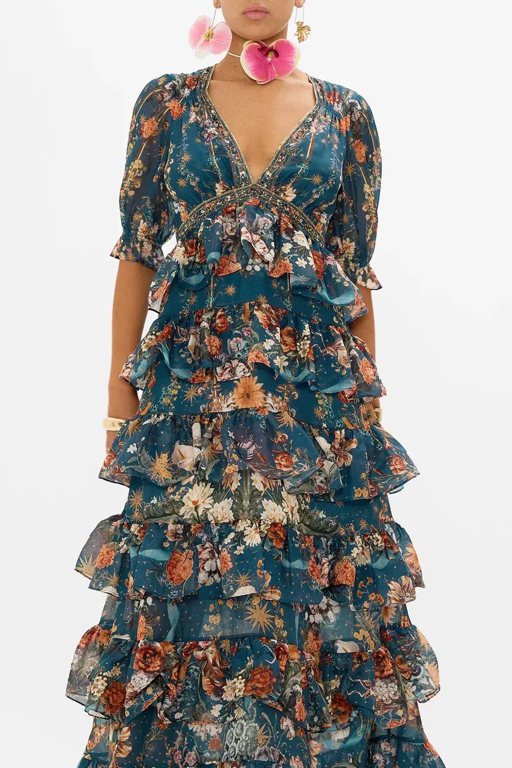 Camilla She Who Wears the Crown Puff Sleeve Tiered Long Dress Floral Size S (AU 10) photo 4
