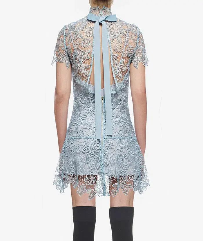 Self Portrait Peep Back Floral Lace Mini Dress Light Blue Size 10 photo 6