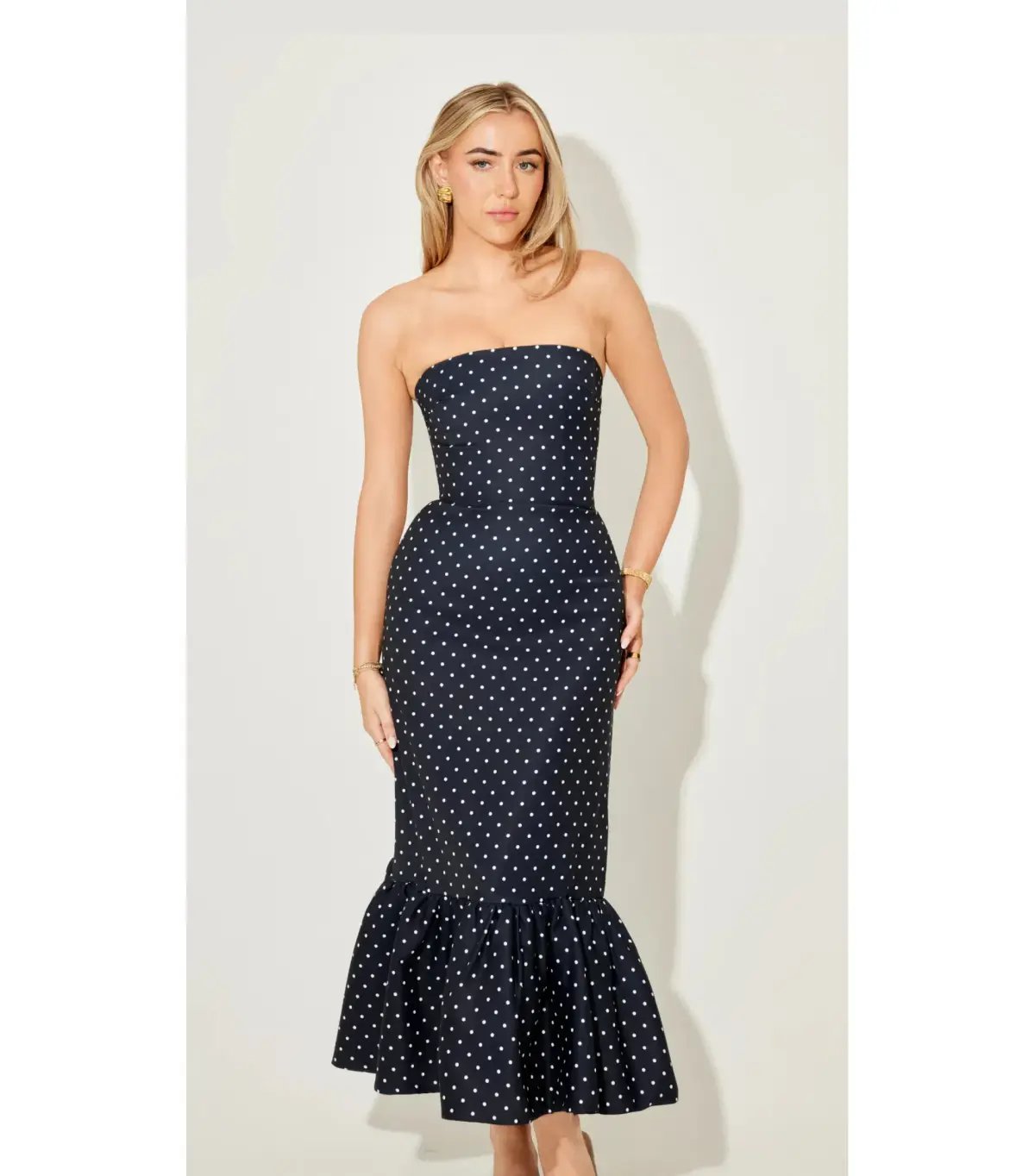 Odd Muse Strapless Peplum Midi Dress in Navy Polka Dot Size M / AU 10 photo 3