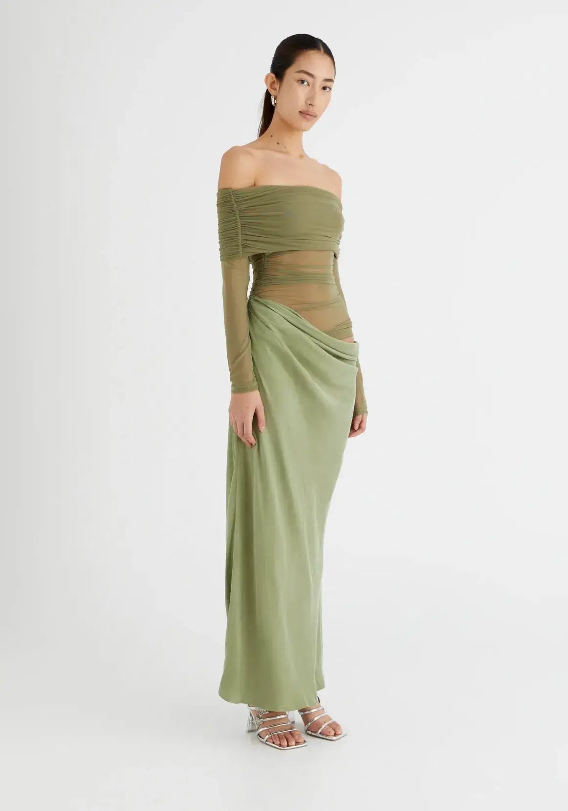 Benni Yasmin Off Shoulder Maxi Dress Pistachio Green Size 10 photo 2