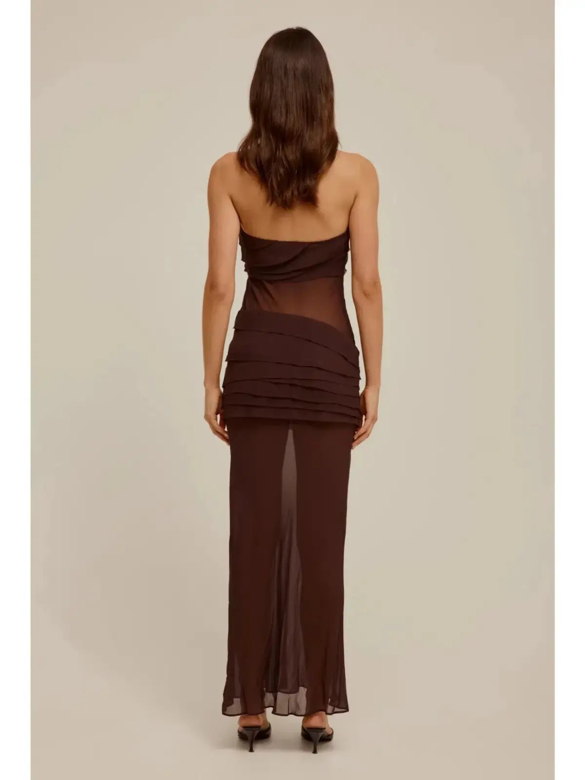 Venroy Sheer Panelled Strapless Dress Java Brown Size AU 12 photo 3