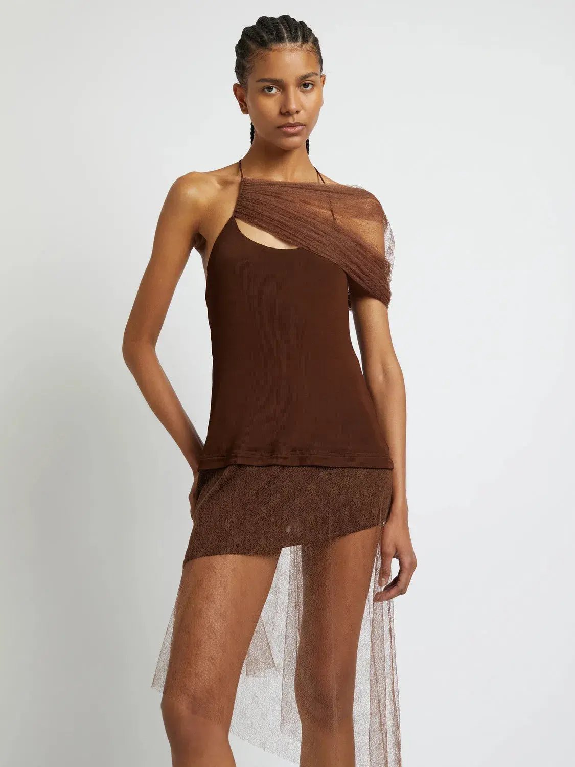 Christopher Esber Vapor Lace Shawl Dress Cacao Size AU 8 photo 2