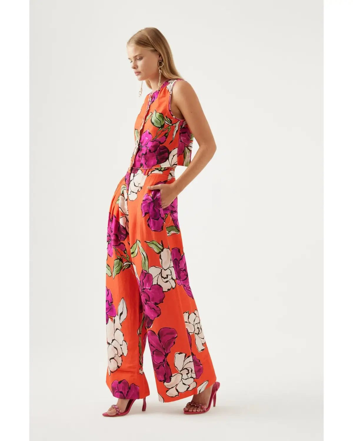 Aje Dazzling Floral Wide Leg Pant in Vivid Camellia Size XL / AU 14 photo 2