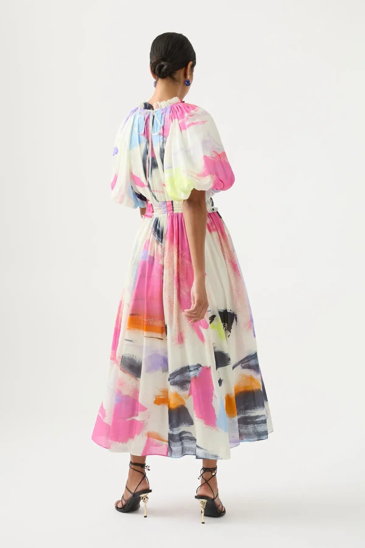 Aje Elysium Blouson Midi Dress Abstract Sunset Size 8 photo 2