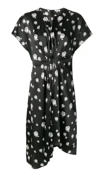 Kenzo Gathered Rose-Print Asymmetric Midi Dress Black/White Size 10 photo 2