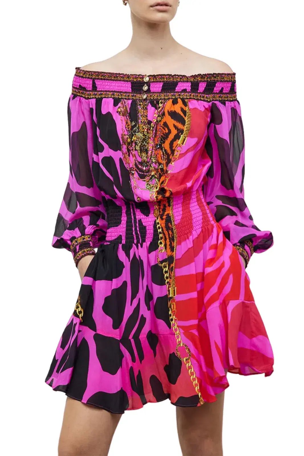 Camilla Off Shoulder Silk Short Dress Always Change Your Spots Print Size S / AU 10 photo 2