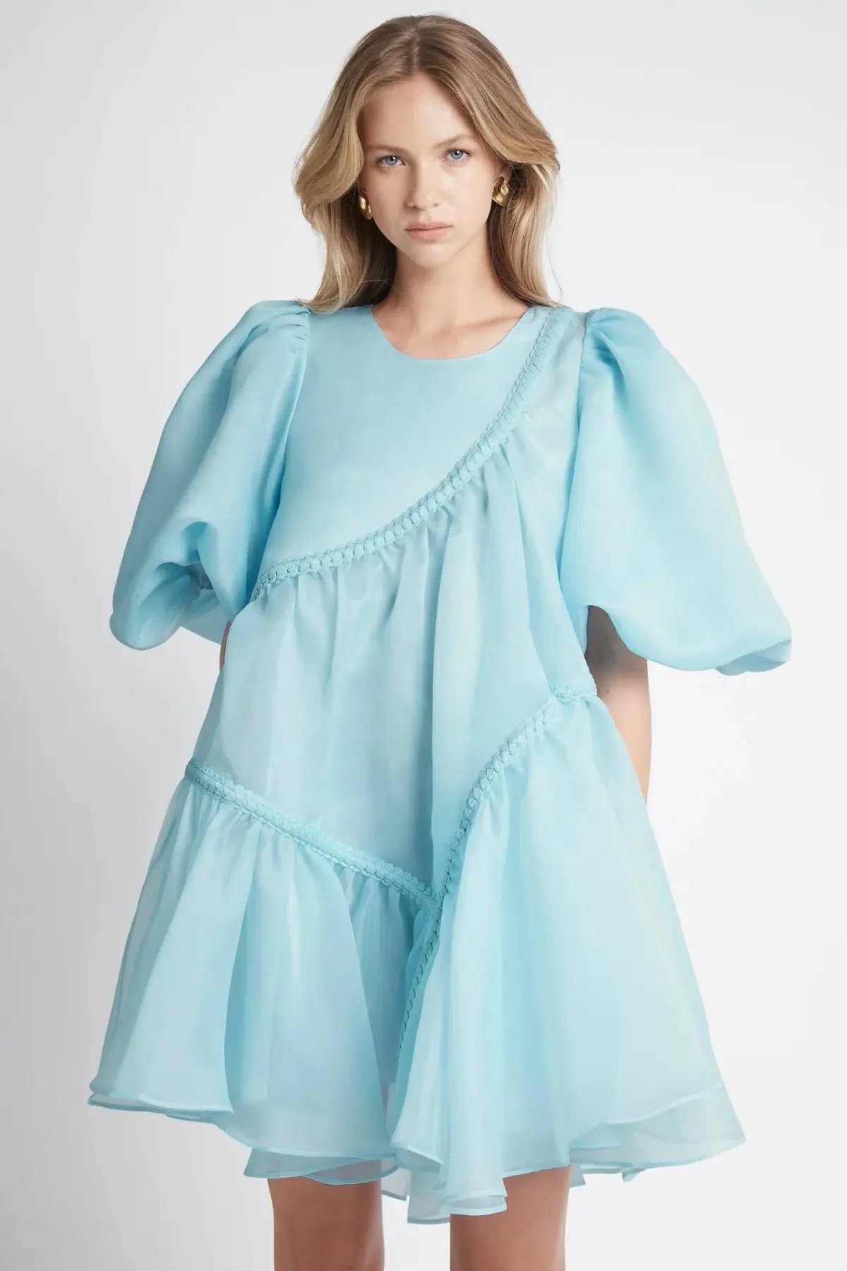 Aje Riviera Assymmetric Braided Puff Sleeve Smock Dress in Ice Blue Size AU 8 photo 2