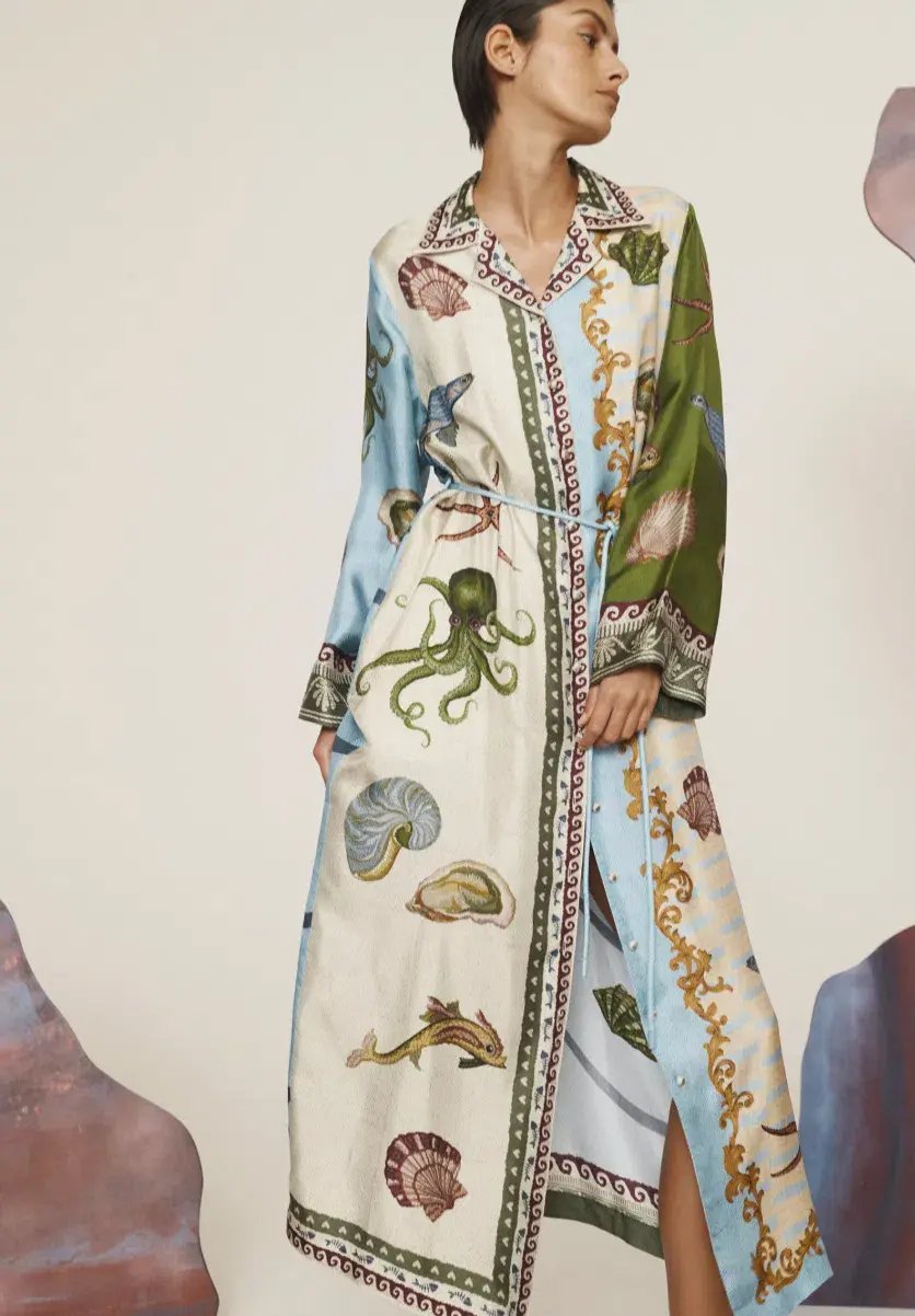 Alémais Bath House Silk Shirtdress Midi Dress Print Size 16 photo 4