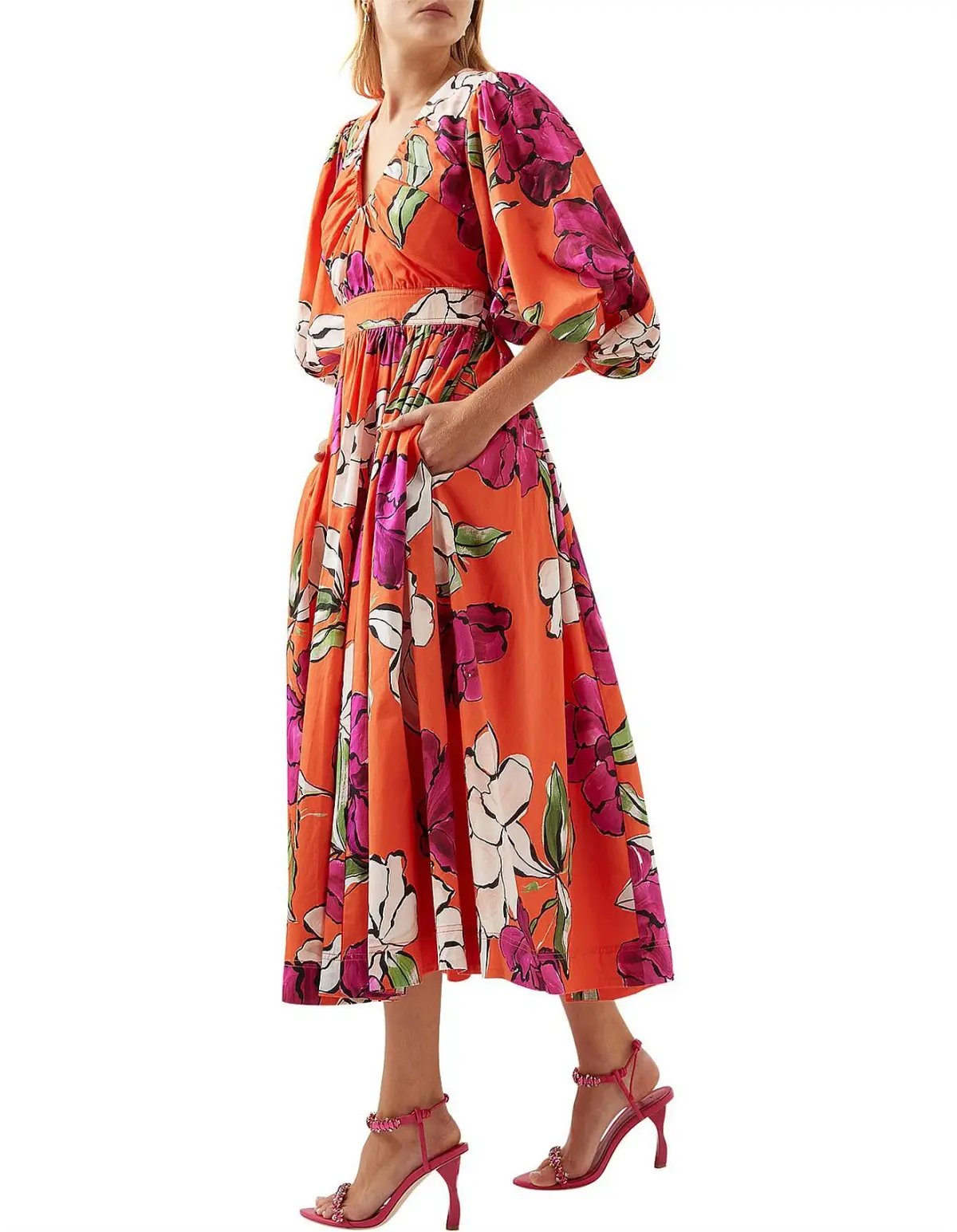 Aje Marlene Floral Midi Dress Vivid Camellia Size 4 photo 2