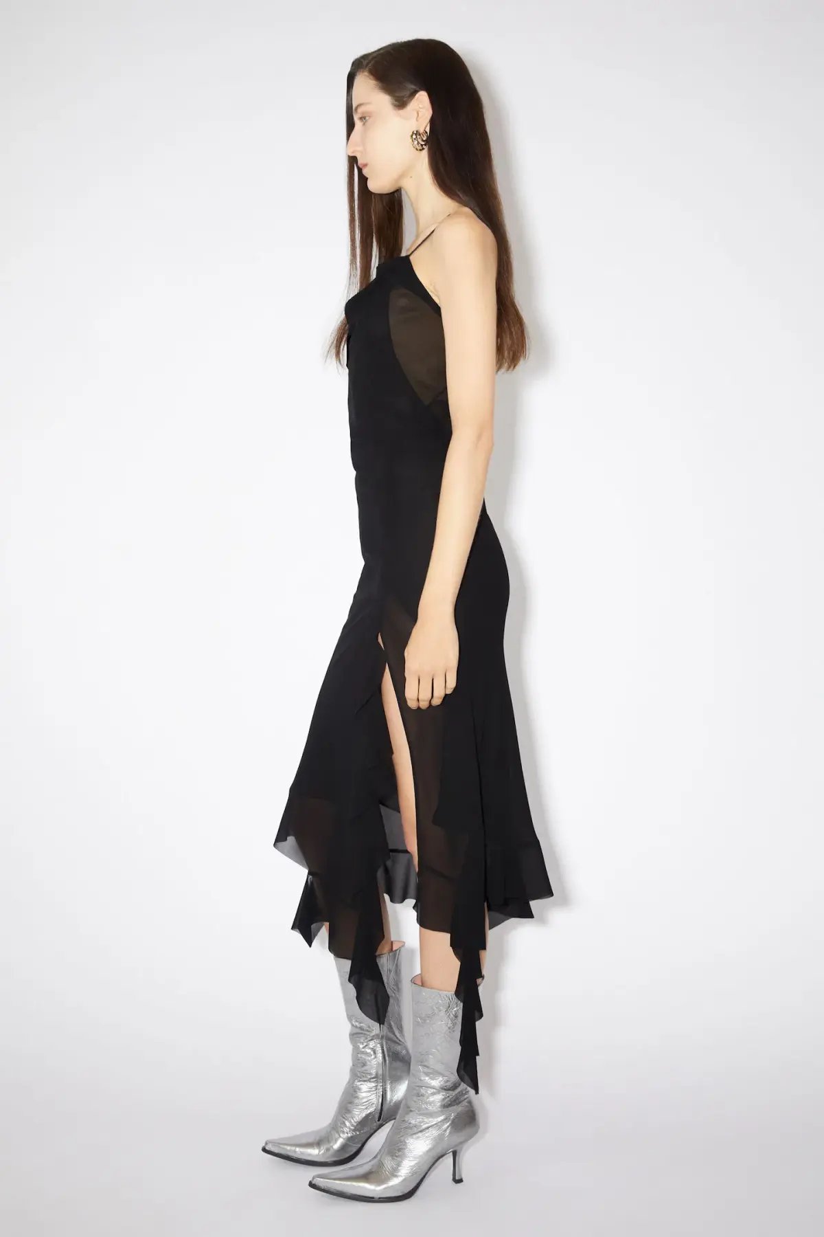 Acne Studios Asymmetrical Ruffled Midi Strap Dress in Black Size 10 photo 2