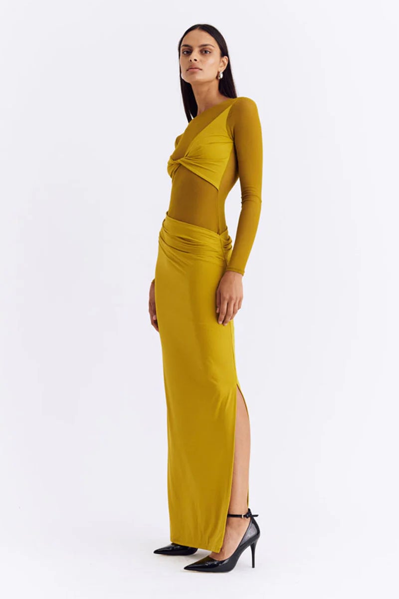 SUBOO AUGUSTE LONG SLEEVE MESH JERSEY MAXI DRESS - CITRON photo 2