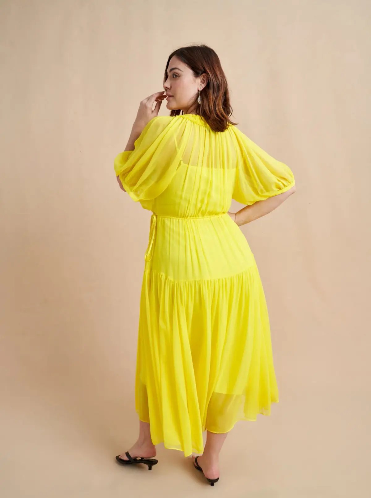 La Ligne Constance Shirred Silk-Chiffon Midi Dress Yellow Size 12 photo 3