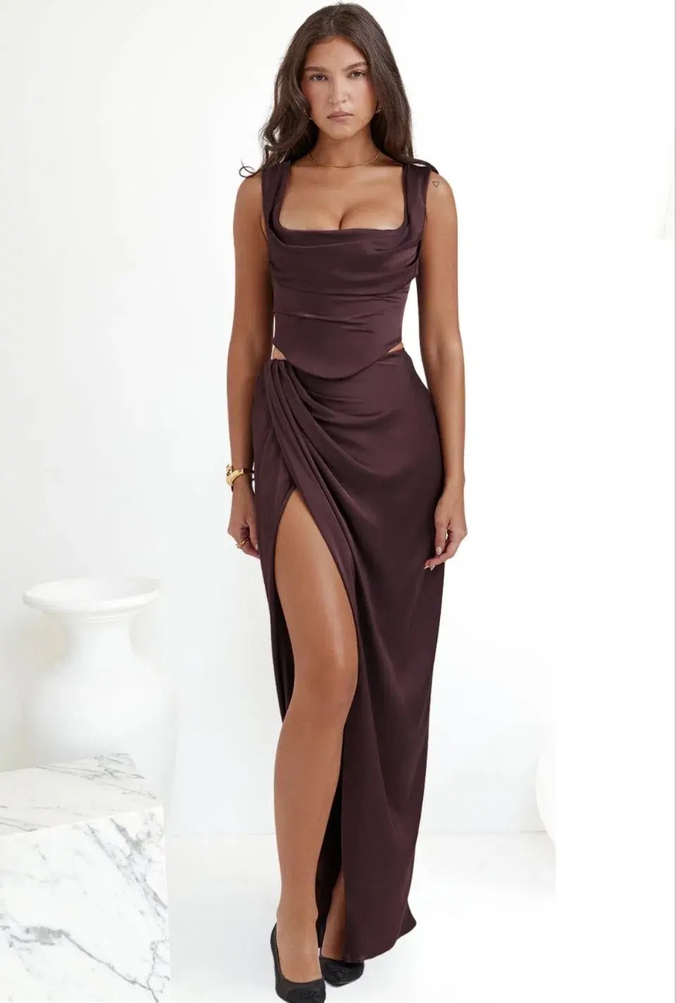 House of CB Una Corset Top and Vesper Maxi Skirt Set Rich Brown Size 8 photo 2
