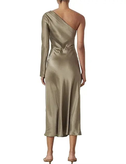 Bec & Bridge Classic Silk Asym Midi Dress Khaki Size 8 photo 4